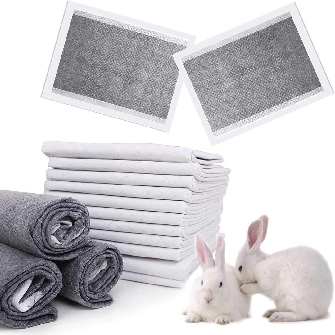 Kathson Rabbit Pee Pads Disposable Cage Liners 50PCS All Absorb Black Carbon Odor Control Bunny Training Accessories with Quick-Dry Surface for Puppy Guinea Pig Kitten Hedgehog Small Animals