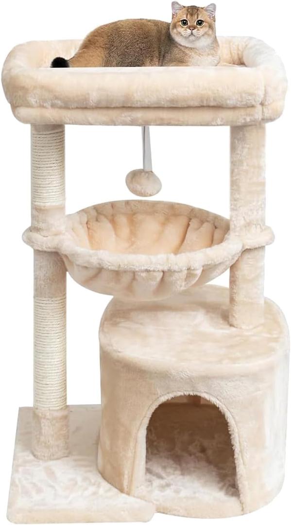 SYANDLVY Small Cat Tree for Indoor Cats, Kittens Condo with Scratching Post and Board, Modern Activity Tower with Cradle, Beige (29.6")