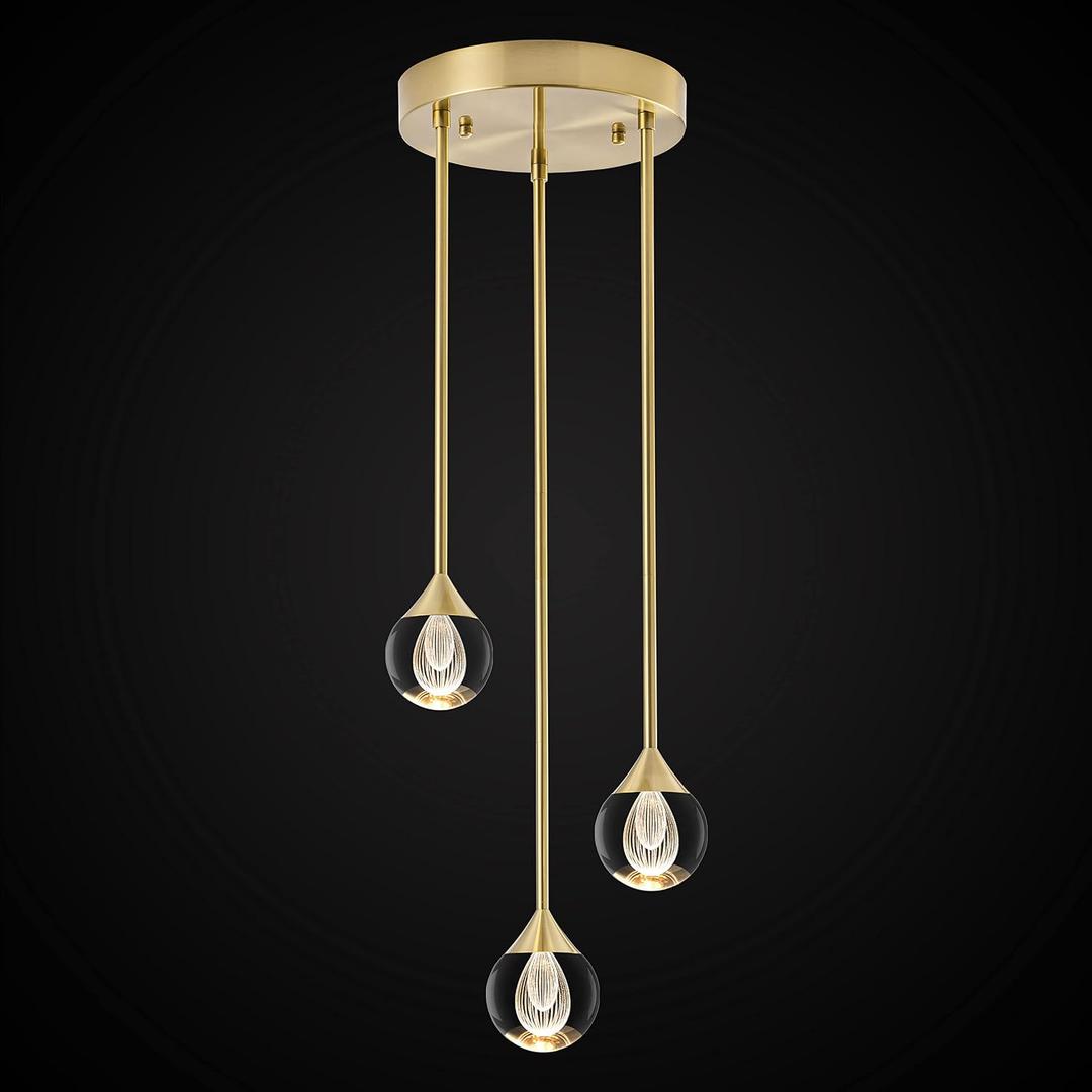3-Light Teardrop Crystal Pendant Light, Dimmable LED Crystal Globe Hanging Light Fixture, Modern Ceiling Pendant Lighting for Kitchen Island Dining Room Bedroom Bar 3000K 24W Brush Brass, 4 x 7.08 x 49 inches