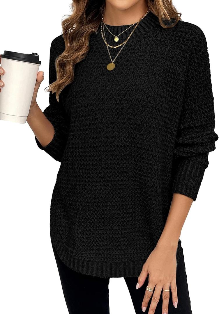 Womens Chunky Waffle Knit Sweater Fall 2025 Trendy Dressy Casual Crewneck Pullover Sweaters (X-Large, Black)