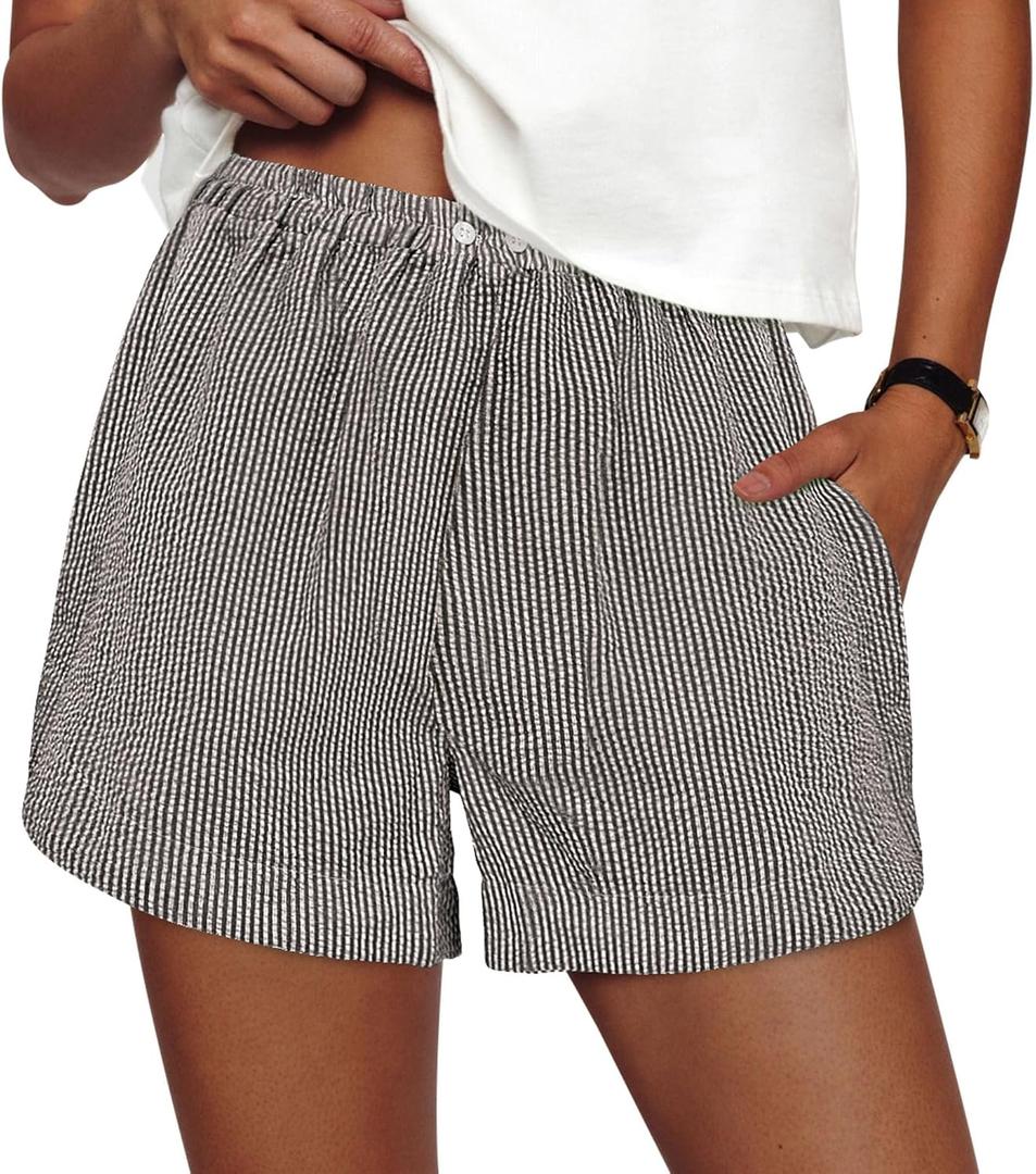 PRETTYGARDEN Women's Striped Boxer Shorts Summer 2025 Trendy Casual Elastic Waist Lounge Sleep Pajama Bottoms Beach Shorts (Striped Black White) S