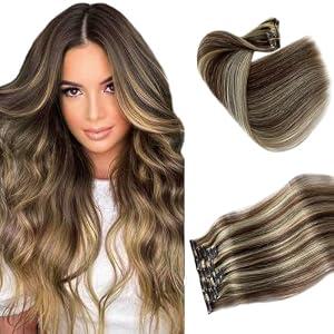Human Hair Clip in Extensions - 20 Inch Straight Dark Ash Blonde with Golden Blonde Highlights - 70g Seamless Hair for Women - 7 Pcs