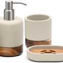 Bathroom Accessories Set 3 Piece Bath Ensemble Includes Soap Dispenser, Tumbler, Dish for Decorative Countertop & Housewarming Gift (Concrete with Acacia Wood)