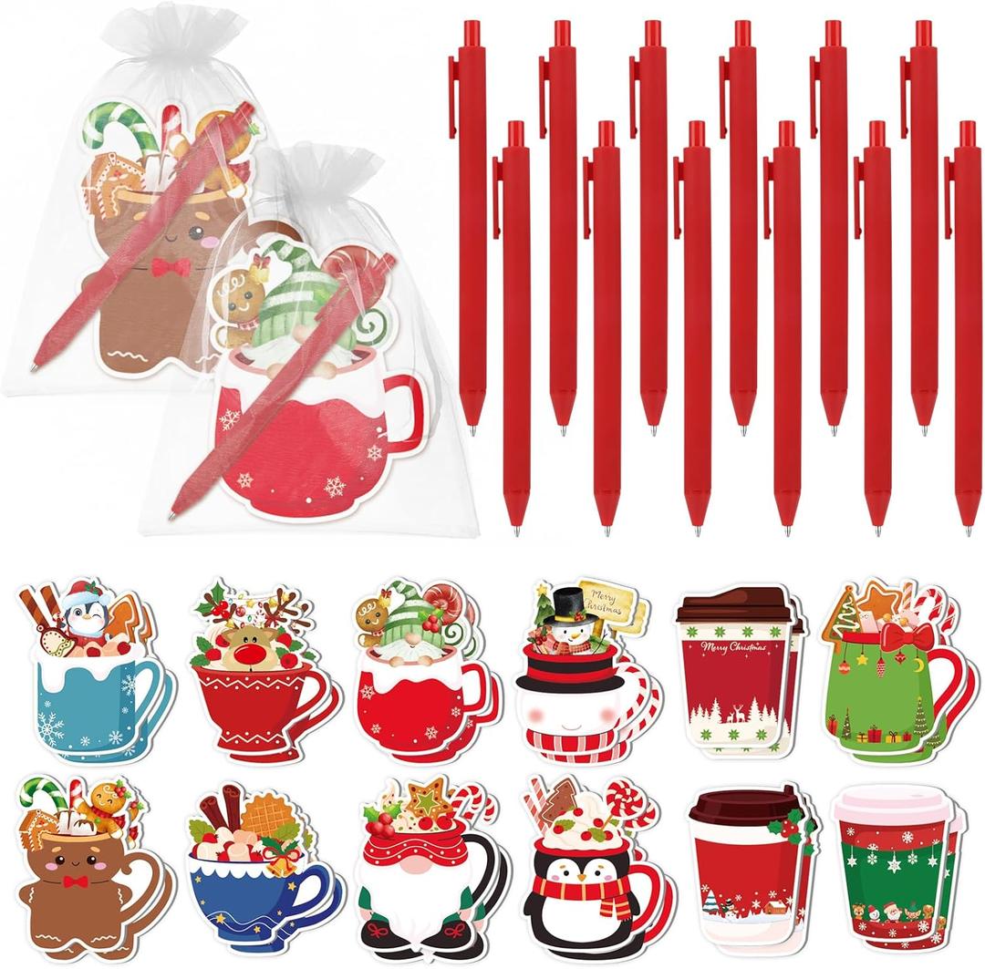 24 Sets Christmas Sticky Notes with Pens, Christmas Coffee Cup Notepads Winter Memo Pad Bulk Gifts for Coworkers Holiday Decoration Party Favors Office Home Supplies