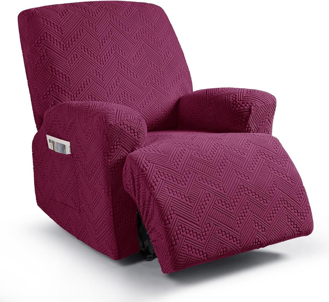 Ruaozz Recliner Sofa Covers Recliner Chair Covers Couch Covers for Reclining Couches with Pockets Washable Furniture Protector with Elastic Bottom (1 Seater, Wine)