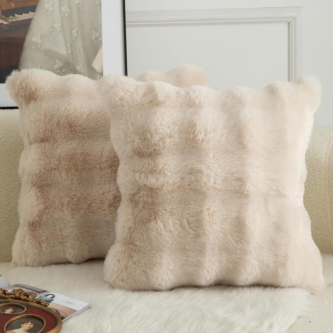 MANDIOO Pack of 2 Thick Plush Wool Decorative Throw Pillow Covers Super Soft Wave Bubble Fur Velvet Cushion Covers Pillow Shams for Couch Bed Living Room 18x18 Inch Beige