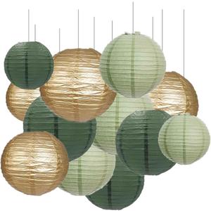 GAKA Green Gold Paper Lanterns Decorative,12pcs,4 inch 6 inch 8 inch 10 inch Round Paper Hanging Decorations,Chinese Lanterns Lamps for Wedding Birthday Home Classroom Party Decoration