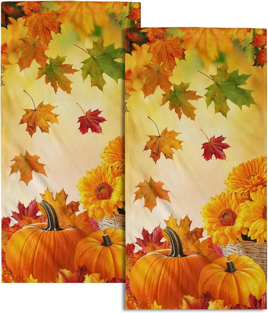 Fall Orange Hand Towels Set of 2 Autumn Pumpkins Towel for Bathroom 14x28 Inch Thanksgiving Harvest Fingertip Towels Super Soft Quick Dry Face Towel for Home Kitchen Spa Hotel Fall Decoration