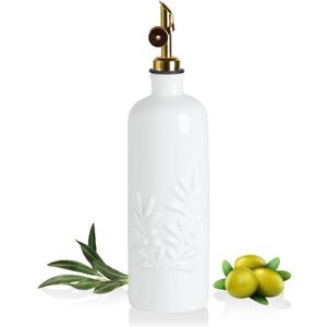 Sweejar 18 Oz Oil Dispenser for Kitchen with Gravity Spout, Ceramic Olive Oil Dispenser Bottle, Relief Opaque Vinegar Container for Evoo, Vinegar, Soy Sauce, Pack of 1(White, Gold Spout)