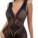 SeaFever Sexy Lingerie for Women Fishnet See Through Bodysuit One Piece V-Neck Mini Dress Intimates Sex Clearance Strapless Mesh Chemise Babydoll (Black) (Black)