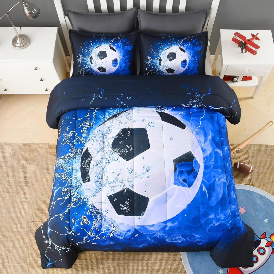 Andency 3D Soccer Comforter Full(79x90 Inch), 3 Pieces(1 Soccer Comforter, 2 Pillowcases) Sport Microfiber Bedding Set for Boys Kids Teens
