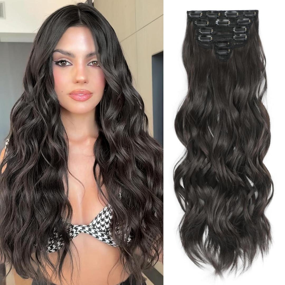 Clip in Hair Extensions for Women, Natural Dark Brown Extensions, 24 Inch 6PCS Hairpieces Long Wavy soft Thick Hair Extensions clip ins