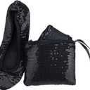 Women's Foldable Ballet Flats – Portable Flat Shoes for Travel and Wedding that Fit in Your Purse (XXL, Black Sequin)