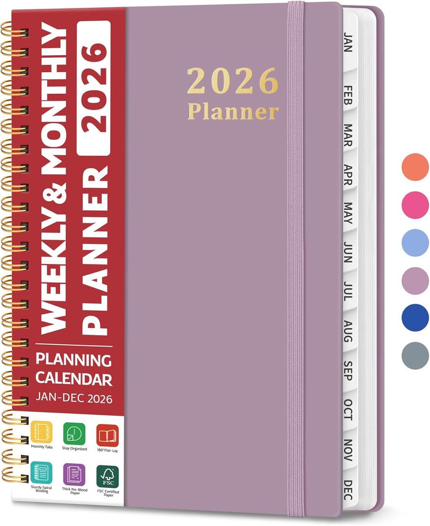 2026 Planner, Weekly and Monthly Calendar Planner, January 2026 - December 2026, Hardcover 2026 Calendar Book with Tabs For Women & Men, Inner Pocket, Spiral Bound, Perfect for Office Home School Supplies - A5 (6.3" x 8.5"), Boho Purple