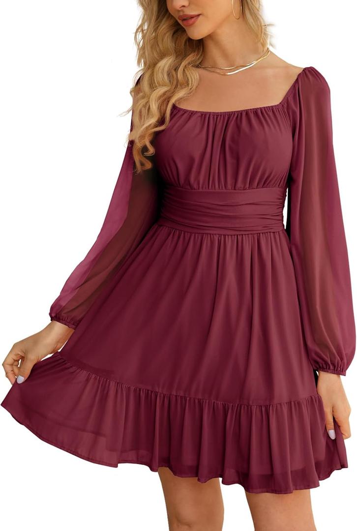 Wenrine Women's Mesh Long Sleeve Square Neck Dress High Waist A Line Ruffle Hem Flowy Casual Party Mini Dress (Red, M)