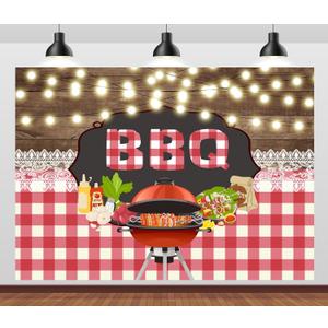 CORFOTO 7x5ft BBQ Family Party Backdrop Brown Wooden Board String Lights Lace Barbecue in The Wild BBQ Theme Party Background Kids Adult Bridal Shower Summer Park Decorations Cake Table Banner (N2-a60342)