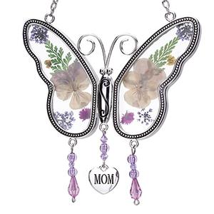 Laraine Butterfly Suncatcher with Pressed Colourful Flower Wings Mother's Day Butterfly Glass Wind Chime Ornament Charm with Metal Heart Gifts for Mom Grandma Birthday (Yellow Mom)
