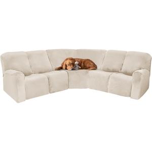 MINGPINHUIUS 7 Piece Velvet Sectional Sofa Covers Recliner Sofa Cover High Elastic Sofa Slipcover Non-Slip Washable Split Sofa Cover Great for Kids & Pets (Beige) (5 Seat)