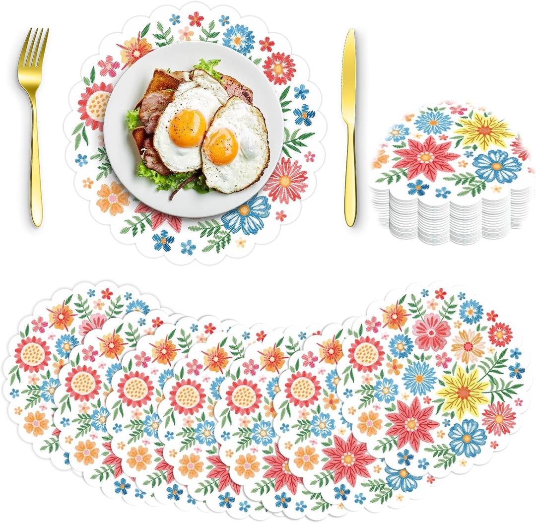 100pcs 13.5" x 13.5" Round Disposable Floral Place Mats  Embroidered Spring Design Embroidered Flowers Place Mat for Summer Table Setting