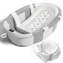 Collapsible Baby Bathtub with Soft Cushion and Thermometer, Newborn to Toddler Tub 0-36 Months with Toy Storage Mesh Bag, Portable Travel Bath for Infants (Grey)