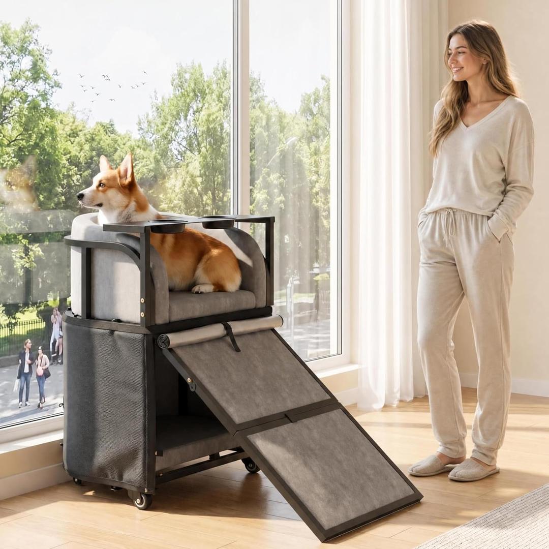 Dog Window Perch with Stairs – 6-in-1 Velvet Pet Sofa with Ramp, Detachable Feeding Tray, Privacy Blackout Curtain, 360° Locking Wheels & Memory Foam Cushion for Small Dogs and Cats.