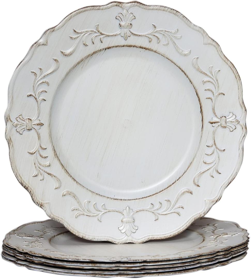 Spsyrine White Antique Charger Plate, 13" Embossed Plastic Table Plate Chargers for Dinner, Set of 6 Elegant Decorations for Wedding, Dining, Party Events.