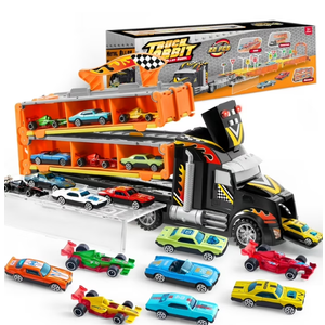 Joyfy 60" Extra Long Race Track Semi Carrier Truck for Kids, 29-in-1 12 Die-Cast Metal Car Toy Play Vehicle with Lights & Sounds, Great Christmas Birthday Gift for Boy 2+