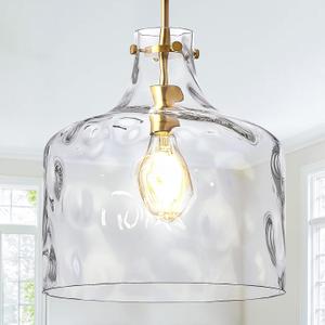 CATINER 16" Extra Large Farmhouse Pendant Light Hand-Blown Hammered Glass Shade, Gold Finish, Adjustable Chain Ceiling Light for Kitchen Island, Dining Room, Hallway, 12" W x 16" H x 5" Canopy x 4.2' Chain