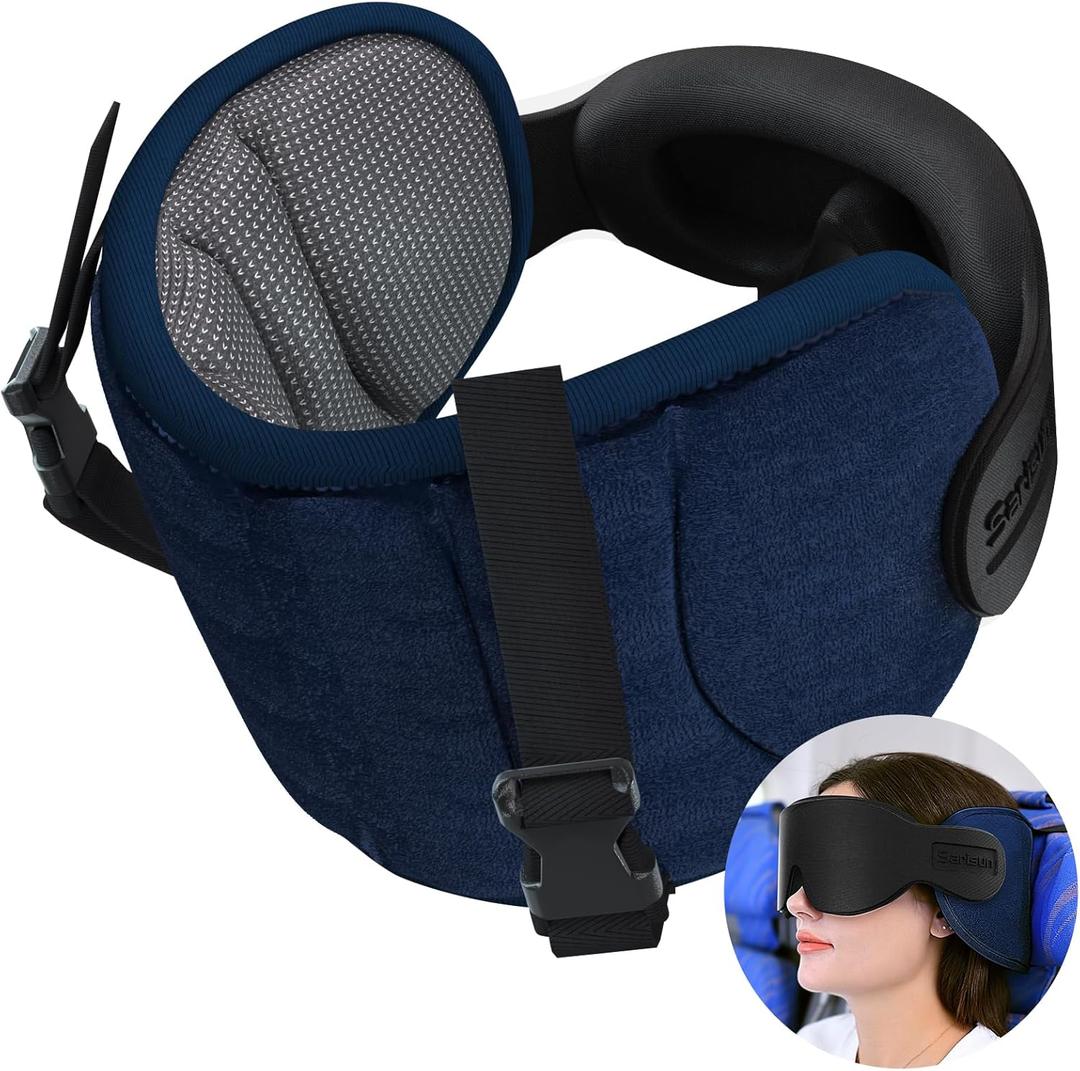 SARISUN Travel Pillows for Airplanes, Airplane Pillow for Long Flight, Airplane Head Strap with Sleep Eye Mask, 360 Headrest for Car Trip, Stop Bobblehead, Mottled Grey