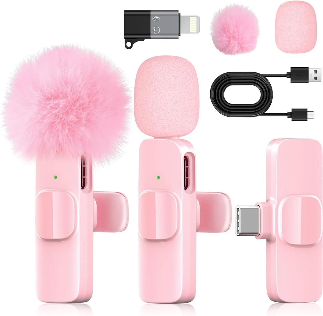 Pink Mini Wireless Microphone for iPhone & Android, Lavalier Microphone with Noise Cancellation, Plug & Play Pink Mic for YouTube, TikTok, Podcast, Live Stream
