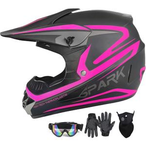 Youth Adult Dirt Bike ATV Helmet Motocross Anti-Collision Full Face Motorcycle DOT Approved BMX Downhill Off-Road Mountain Bike Helmet with SUV Goggles Gloves Face Shield (Large, Pink)