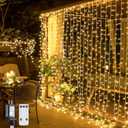 JMEXSUSS 300 LED Remote Control Christmas Curtain Lights, Plug in Fairy Curtain Lights Outdoor, Window Wall Hanging String Lights for Bedroom Backdrop Wedding Party Indoor Patio Xmas Decor, Warm White