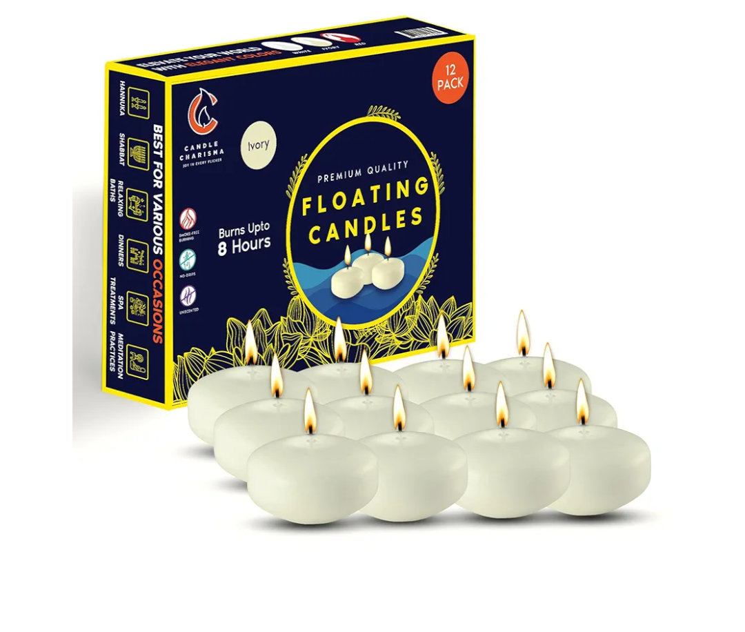 Candle Charisma Ivory Floating Candles 3 Inch (Set of 12) – 8-Hour Dripless, Smokeless Burn with Natural Flickering Flame – Perfect for Weddings, Centerpieces, Pool Nights & Special Events