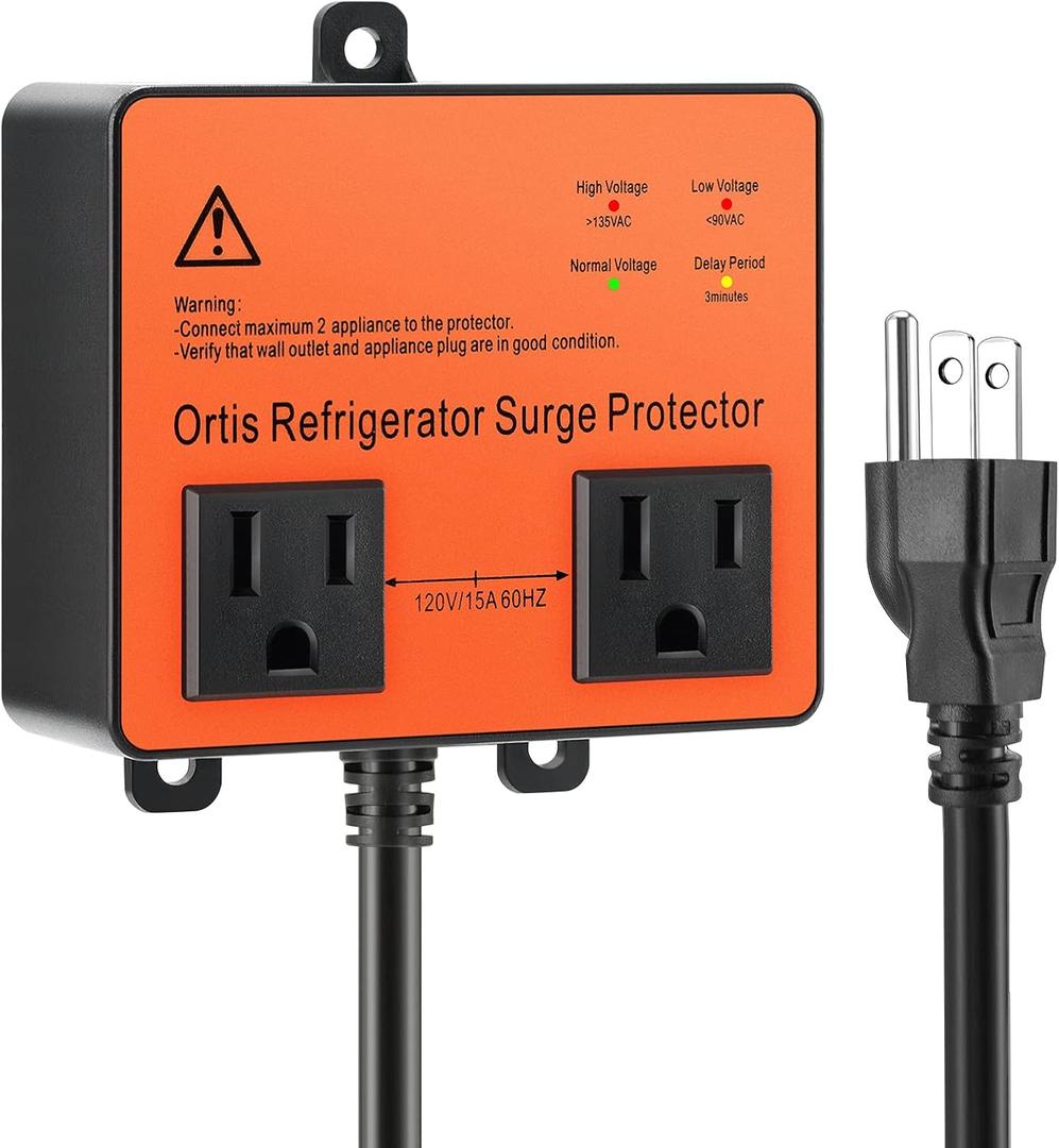 Refrigerator Surge Protector, Ortis Double Outlet Voltage Protector for Home Appliances with Time Delay, Protects Against Brownout, Spike, Instant Surge All Voltage Abnormalities, Black (1.5FT, Orange)