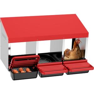 Chicken Nesting Boxes, 3 Hole Metal Chicken Egg Laying Box with Swing Perch and Rollout Egg Collection for Chicken Coop (Red)