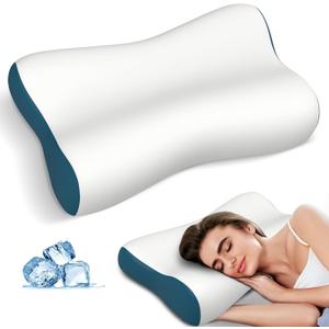 Cervical Neck Pillow for Pain Relief, Contour Memory Foam Pillows for Sleeping, Ergonomic Pillow Orthopedic Cooling Pillow Bed Pillow Neck Support for Side Back Stomach Sleepers (White&blue)