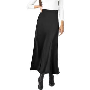 Women's Satin Silky High Waist Maxi Skirt Elegant Elastic Waistband M