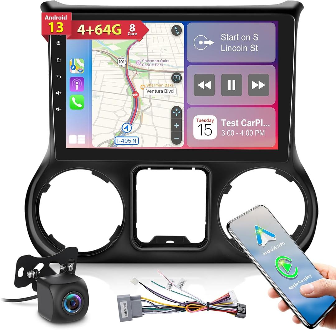 8 Core [4G+64G] Car Radio for Jeep Wrangler 2015 2016 2017, Android 13 Touch Screen Wrangler Stereo, DSP 32 EQ Audio/IPS Screen/Carplay/Android Auto/SWC/BT 5.0/WiFi