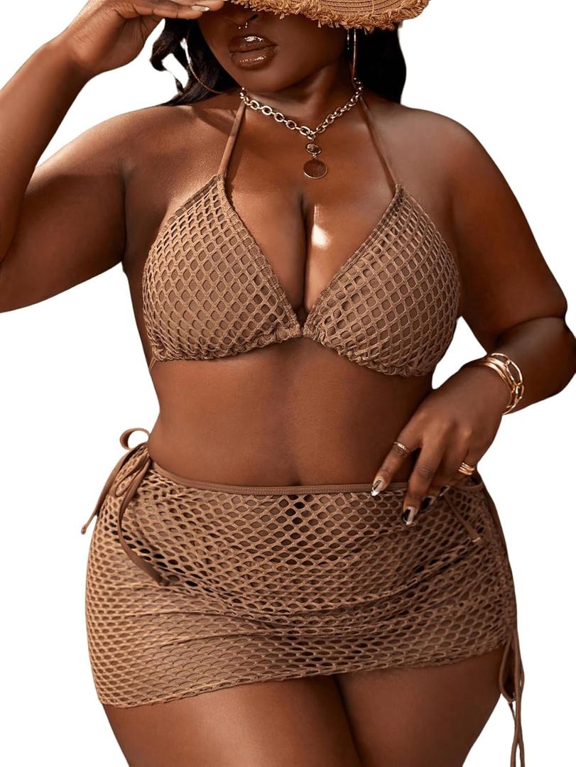 SOLY HUX Women's 3 Piece Swimsuits Plus Size Halter Triangle Tie Side Bikini Sets Bathing Suit with Beach Skirt (Pure Coffee Brown)