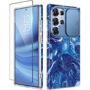 GVIEWIN for Samsung Galaxy S25 Ultra Case with Slide Camera Cover, [Screen Protector] [Shockproof Military Grade Drop Protection] Marble Slim Fit Hard PC Phone Cover S25 Ultra 6.9" 2025 (Star Abyss)