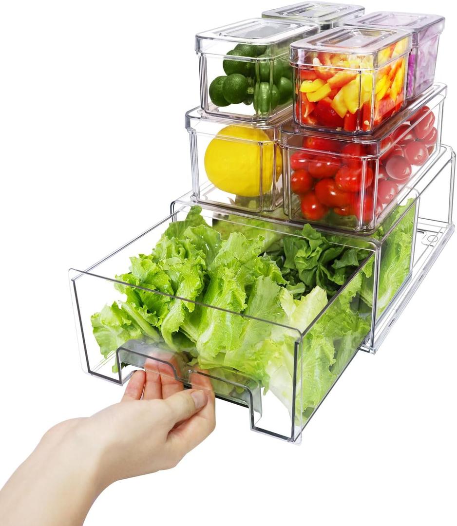 YINGRACE 7 Pack Fridge Organizer Bins, Stackable Refrigerator Organizers and Storage, With a Pull-out Drawer, BPA-Free Clear Containers For Fruit, Vegetable, Drinks