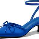 Coutgo Satin Kitten Low Heels with Bow Closed Pointed Toe Short Pumps Dress Wedding Party Shoes (6.5, Blue)