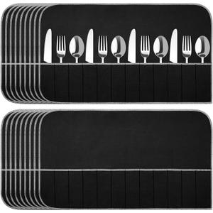 Hillban 18 Pcs Anti Tarnish Silver Storage Bags Silver Storage Cloth Felt Flatware Organizer Anti Tarnish Protector Bags Place Setting Roll with White Ribbon for Kitchen Cutlery (12 Slots,Black)