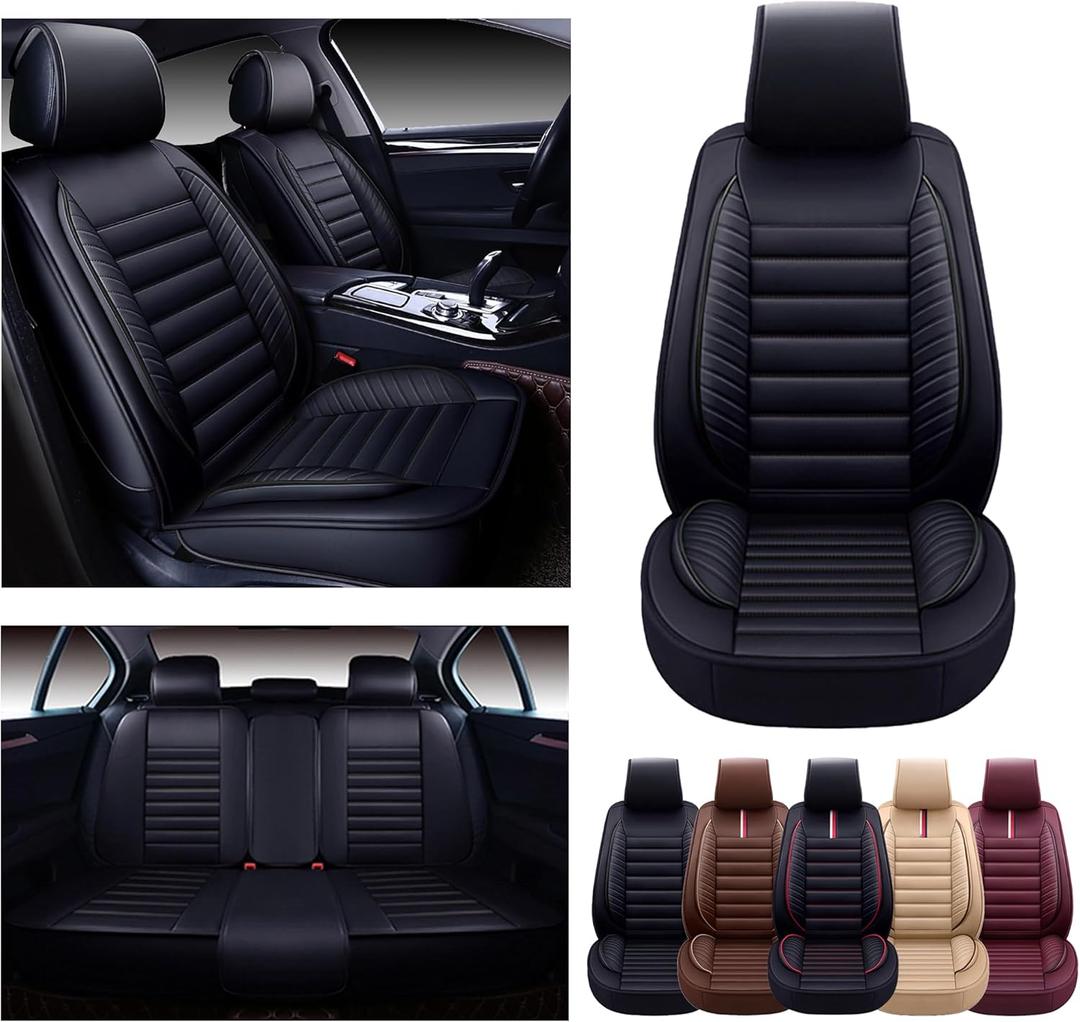 OASIS AUTO Car Seat Covers Premium Waterproof Faux Leather Cushion Universal Accessories Fit SUV Truck Sedan Automotive Vehicle Auto Interior Protector Full Set (OS-001 Black)