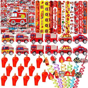 Fire Truck Party Favors Set - 110 Pcs with Firefighter Stickers, Slap Bracelets, Drinking Straws & More for Firefighter Themed Birthday Party