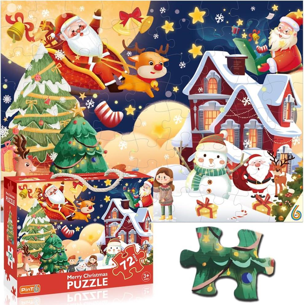 Christmas Jigsaw Puzzle for Kids Ages 3-5 4-8 Year Old and UpJumbo 72 Piece Reindeer Floor Puzzle Fancy Toddler Learn Educational Toys Gift Box