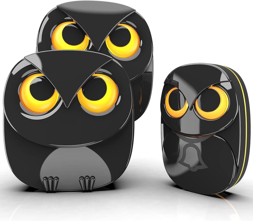 Wireless Doorbell, Cute Owl Doorbell Weatherproof IP55 Outdoor Remote Push Button- 1000 feet Long Wireless Range- 35 Classic Melodies Optional,5 Volume Levels & LED Flash-2Receivers+1Transmitter,Black