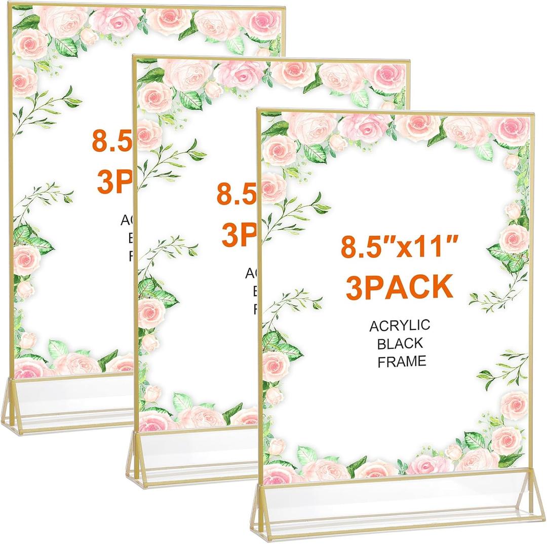 Gold Acrylic Sign Holder 8.5 x 11 Inch, 3 Pcs Double-Sided Picture Frames Sign Stands, Clear Acrylic Table Menu Numbers Display Stand for Wedding Restaurants Home Party