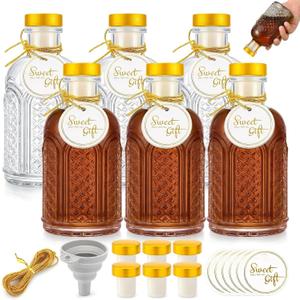 6 Pack 7 oz Clear Glass Bottles with Airtight T-Top Gold Cap, Vintage Liquor Bottles with Labels, String, Funnel, Heavy Base Decorative Whiskey Bottle for Beer, Wine, Vanilla Extract, Beverages