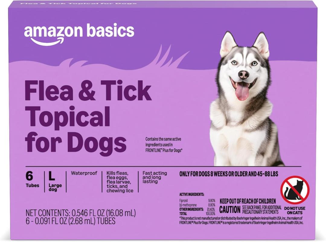 Amazon Basics Flea and Tick Topical Treatment and Prevention for Large Dogs (45-88 lbs), Fast Acting and Long Lasting, Tick Prevention, 6 Count, Packaging May Vary